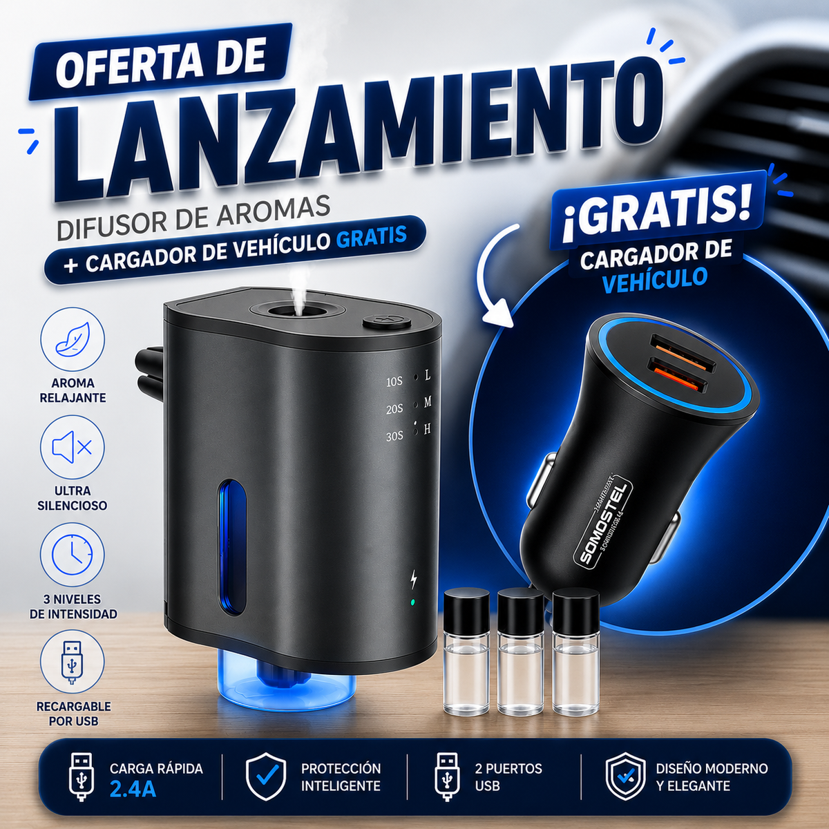 Difusor de aromas inteligente para carro+ Cargador de 2 entrada para carro gratis™